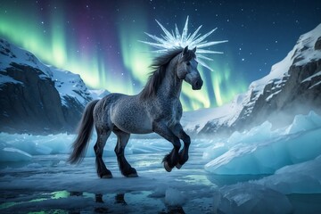Fototapeta premium Horse with a snowflake on its head is running through a snowy landscape
