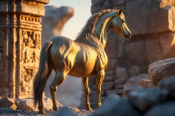 Horse is standing in front of a stone pillar