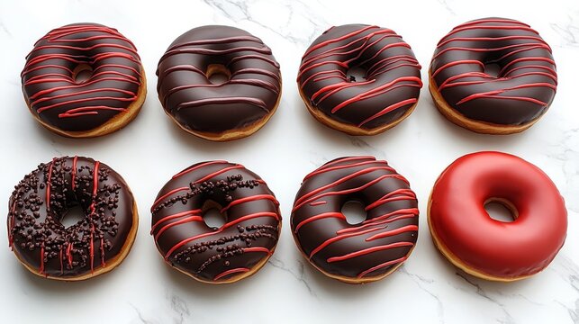 Deluxe Soft French Cruller and an Assortment of Donuts with Varied Icings and Toppings on a Marble Backdrop