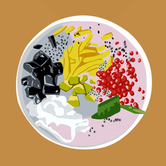 Colorful Dessert Bowl with Fresh Toppings and Sweet Ingredients called Es Campur perfect for takjil Ramadhan