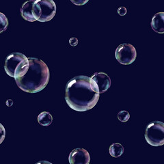 Soap bubbles on seamless border. Watercolor digital illustration. Bubbles of different sizes, with rainbow reflection, isolated on dark background, holiday, birthday, cleaning theme