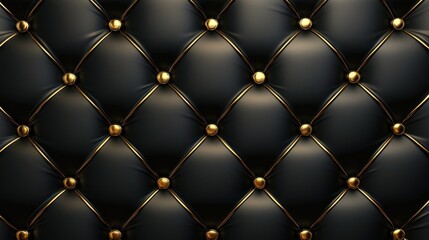 Naklejka premium Black leather tufted upholstery texture with gold buttons.