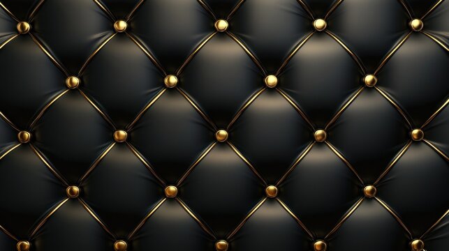 Fototapeta Black leather tufted upholstery texture with gold buttons.