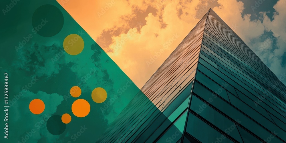Poster a modern skyscraper stands tall against a vibrant sky, showcasing geometric lines and colorful abstr