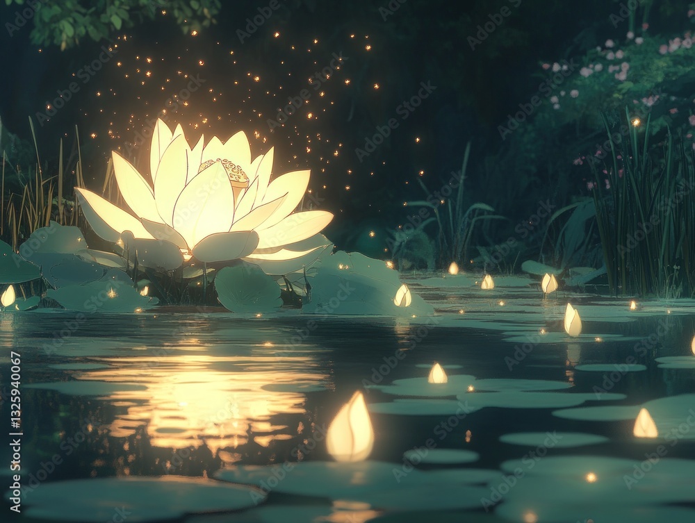 Poster glowing lotus flower floating on water surrounded by lily pads and fireflies in a tranquil pond sett
