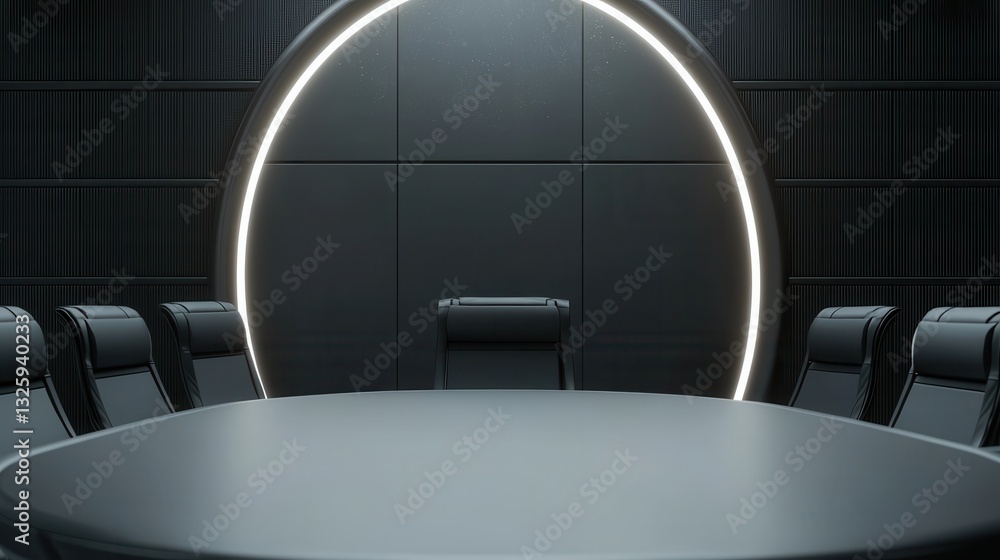 Poster a modern conference room with a circular light feature, featuring a large round table and black chai