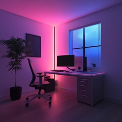 Fototapeta premium Relaxing workspace with ambient lighting, ergonomic desk, and calming RGB tones for ultimate productivity.