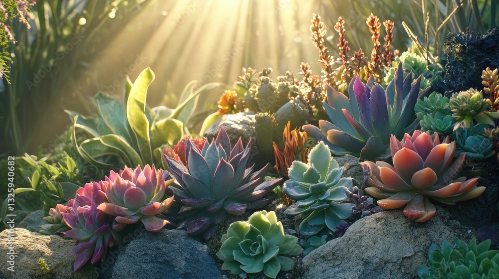 Poster a beautiful display of succulents in a garden with sunlight filtering through, casting a warm glow o