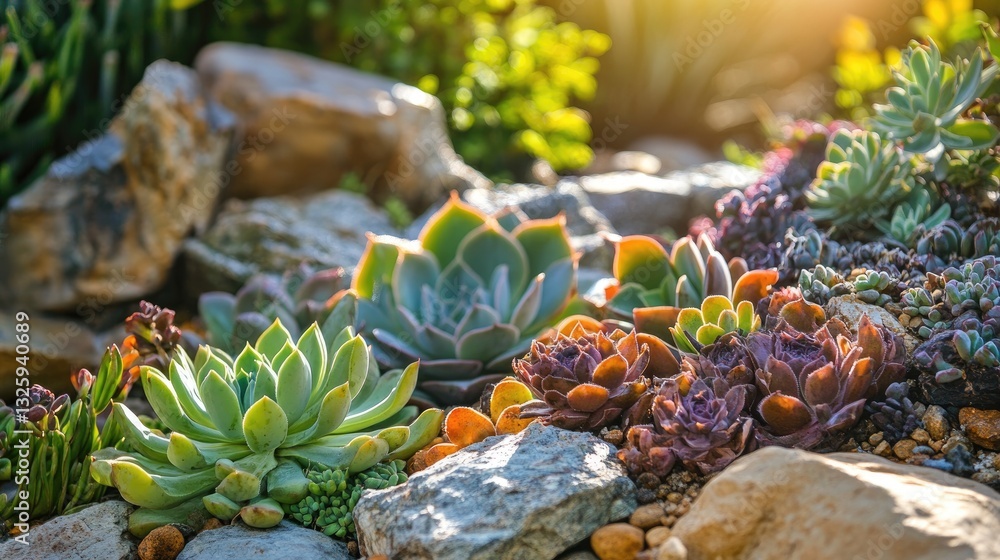 Poster a beautiful display of succulents in a garden with sunlight filtering through, casting a warm glow o