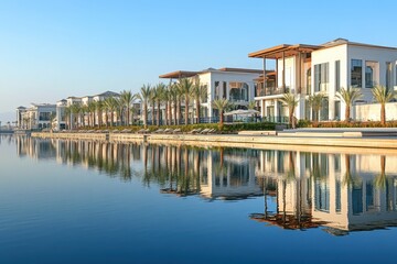 Obraz premium Stunning luxury waterfront area featuring high-end complexes and top-notch amenities for an upscale lifestyle.