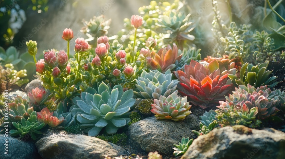 Poster A beautiful display of succulents in a garden with sunlight filtering through, casting a warm glow on the plants and surrounding rocks
