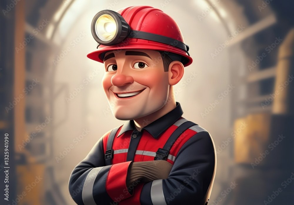 Poster cartoon miner character smiling confidently in a mine setting
