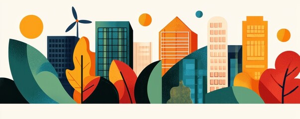 A vibrant city skyline surrounded by colorful foliage and sun elements, illustrating a blend of urban life and nature.