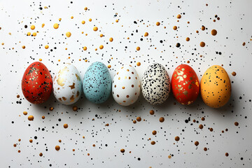 rząd kolorowych pisanek wielkanocnych na białym tle