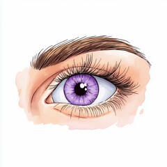 Closeup Watercolor Illustration of a Woman's Eye with Purple Iris and Detailed Eyebrow