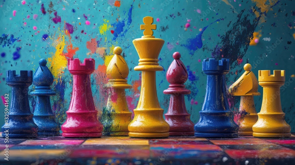 Aufkleber a blend of colorful paint splashes with chess pieces in vibrant colors, capturing the essence of cre