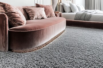 A Plush Velvet Sofa, The Heart Of A Tranquil Home, Rests On A Soft, Grey Carpet, Exuding Calmness And Luxury In A Sunlit Modern Interior