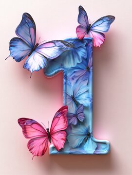 Number one decorated with pink and blue butterflies on pink background