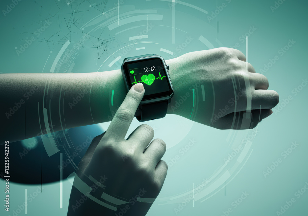 Poster smartwatch displaying health metrics with a futuristic design