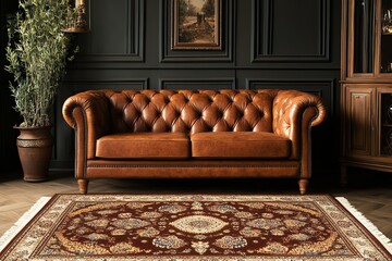 A Rich Brown Leather Chesterfield Sofa, Inviting And Elegant, Rests Majestically Upon A Detailed Ornate Rug In A Sophisticated Dark Room, Exuding Timeless Style And Warmth