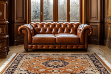 A Rich Brown Leather Chesterfield Sofa Rests Elegantly In A Stately Homes Sunlit Room, Showcasing Its Classic Button Tufting And Luxurious Feel Atop An Ornate Rug