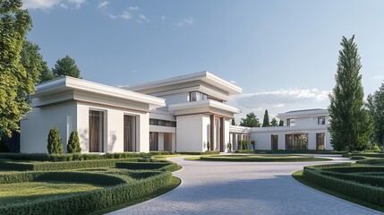 A Serene Modern Mansion Nestled Amidst Lush Greenery, Showcasing Minimalist Architecture And Elegant Design Under A Bright, Clear Sky
