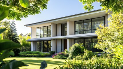 A Serene Modern Home Nestled Amongst Lush Greenery On A Sunny Day, Showcasing Expansive Windows And A Minimalist Design With Clean Lines
