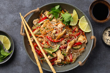 rice noodles with chicken and  vegetables
