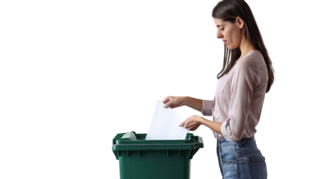 Young woman throwing paper in recycling bin on transparent background