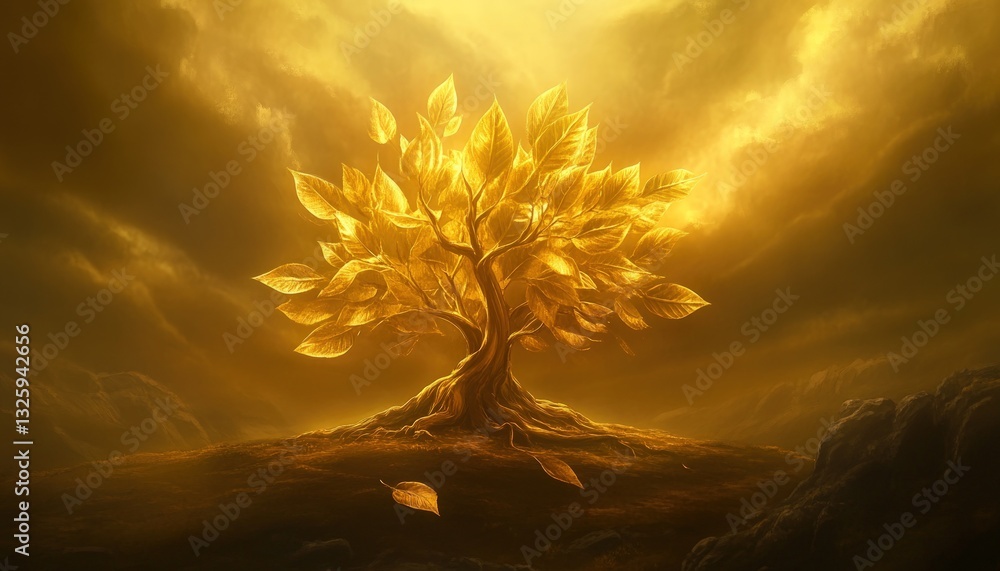 Aufkleber glowing generic tree against a dramatic cloudy sky with a warm atmospheric landscape creating a capt