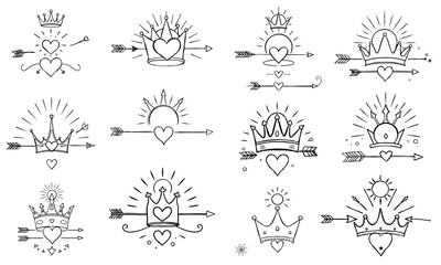 Hand drawn hearts, arrows, and crowns create whimsical design, perfect for romantic themes and celebrations. These elements symbolize love and royalty, adding charm to any project