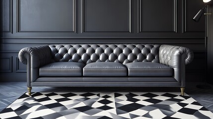 A Stately Dark Leather Chesterfield Sofa Rests Majestically In A Sophisticated Black-paneled Room, Adorned With A Stylish Geometric Rug