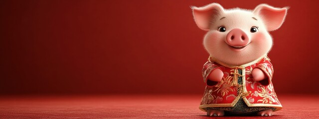 Cheerful Cartoon Pig in Traditional Chinese Attire Against a Vibrant Red Background
