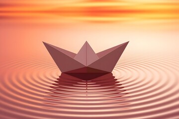 Fototapeta premium Floating Origami Boat Above a Calm Reflective Water Surface, Symbolizing Tranquility 