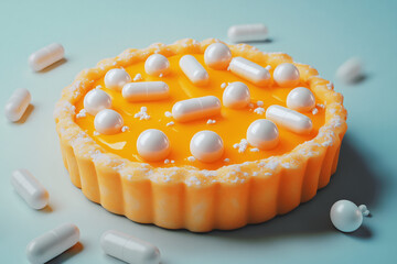 Ultra-realistic orange flavored paracetamol tart with pills scattered, illustrating overprocessed food