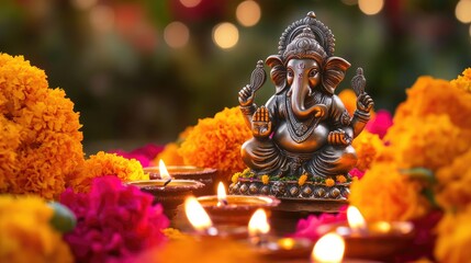 Fototapeta premium A bright and colorful Diwali greeting with a Ganesha statue, marigold flowers, and oil lamps, creating a traditional and joyous festive mood