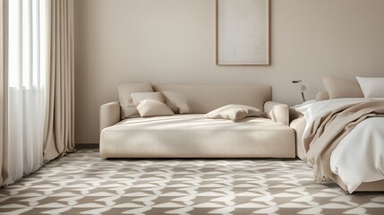 Serene Beige Sofa And Bed In A Sunlit Room, Creating A Calming Minimalist Haven With A Patterned Rug And Flowing Curtains