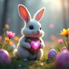 A digital illustration of a white rabbit holding a glowing, mechanical heart-shaped device. The scene is set in a sunlit meadow with colorful flowers and decorated Easter eggs.