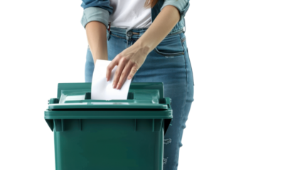 Woman throwing paper in recycling bin on transparent background