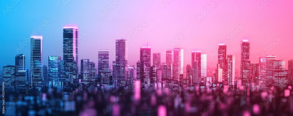 Poster a vibrant city skyline with illuminated skyscrapers against a gradient backdrop of blue and pink hue