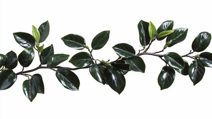 Lush green branch with vibrant leaves isolated on white background.