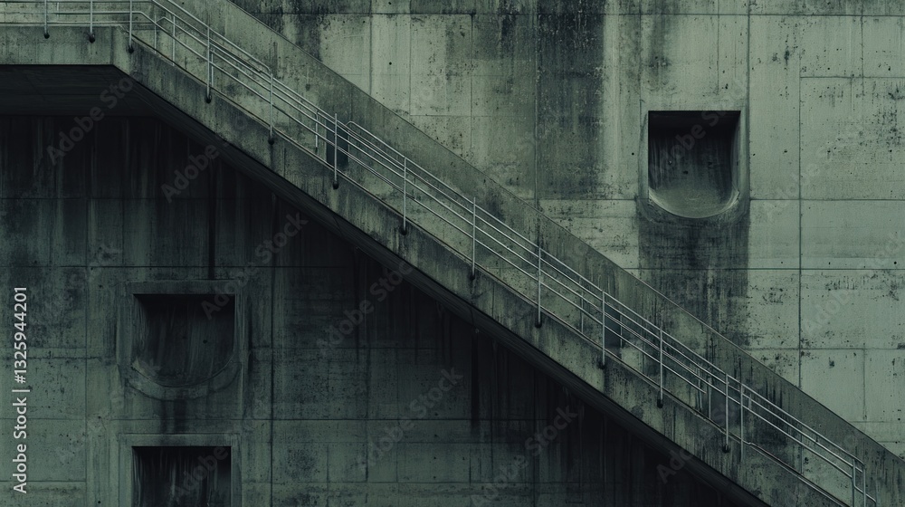 Poster exterior view of a weathered concrete building with an external staircase and recessed panels.