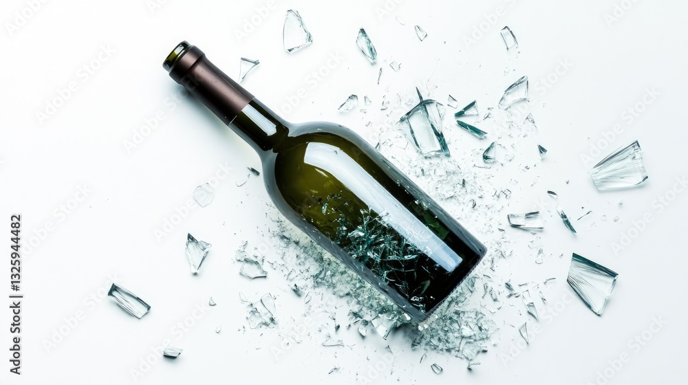 Poster a broken wine bottle with glass shards spread out, isolated on a white background, showcasing the de