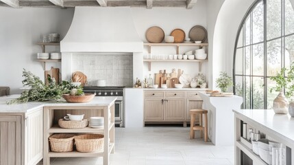 Bright and airy kitchen with open shelving and moveable freestanding units.