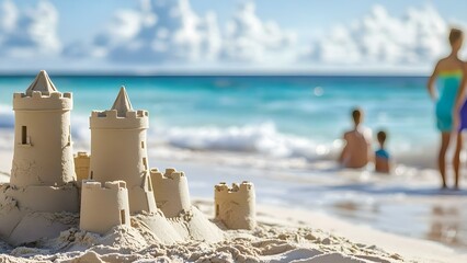 A sandcastle on the beach with people in the background enjoying the ocean. Concept Sandcastle Building, Beach Fun, Ocean View, Family Activities, Summer Vibes