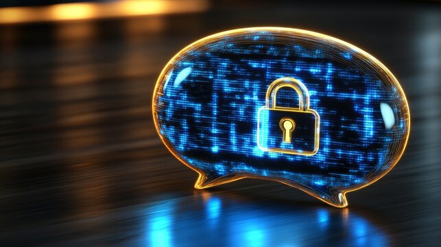 An illustration of a speech bubble with encrypted text and a padlock, representing secure communication and privacy, with room for your message