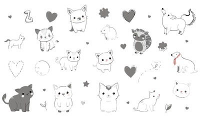 Cute animal doodles featuring various cats, dogs, and hearts create whimsical and playful atmosphere. These charming illustrations are perfect for adding touch of joy to any project