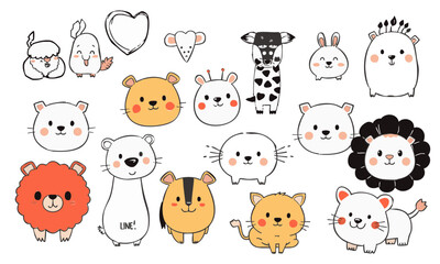 Cute animal doodles featuring various characters like bears, lions, and more, showcasing playful expressions and vibrant designs. Perfect for children illustrations or fun graphics