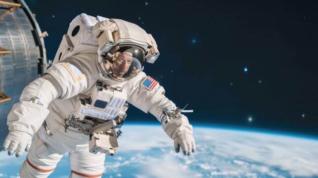 Astronaut Spacewalk Outside International Space Station Amidst Stars and Earth View - Powered by Adobe