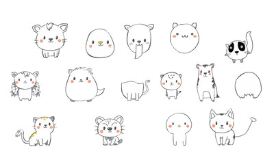 Cute animal doodles featuring various adorable creatures in playful style. These charming illustrations include cats, dogs, and other whimsical animals, perfect for children art or fun designs